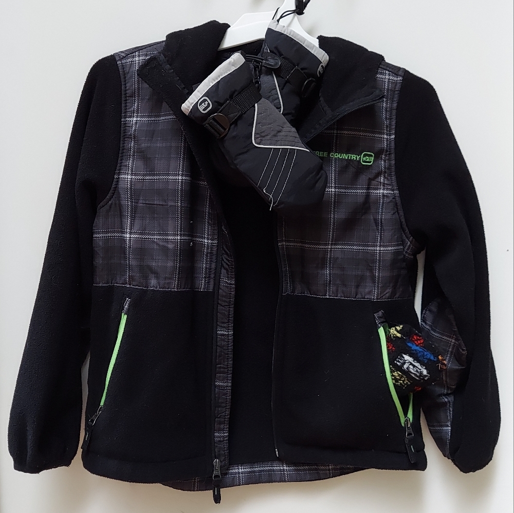 Boy's Bundle Fleece Hooded Coat With Gloves Mittens Winter Burton Socks Size 10